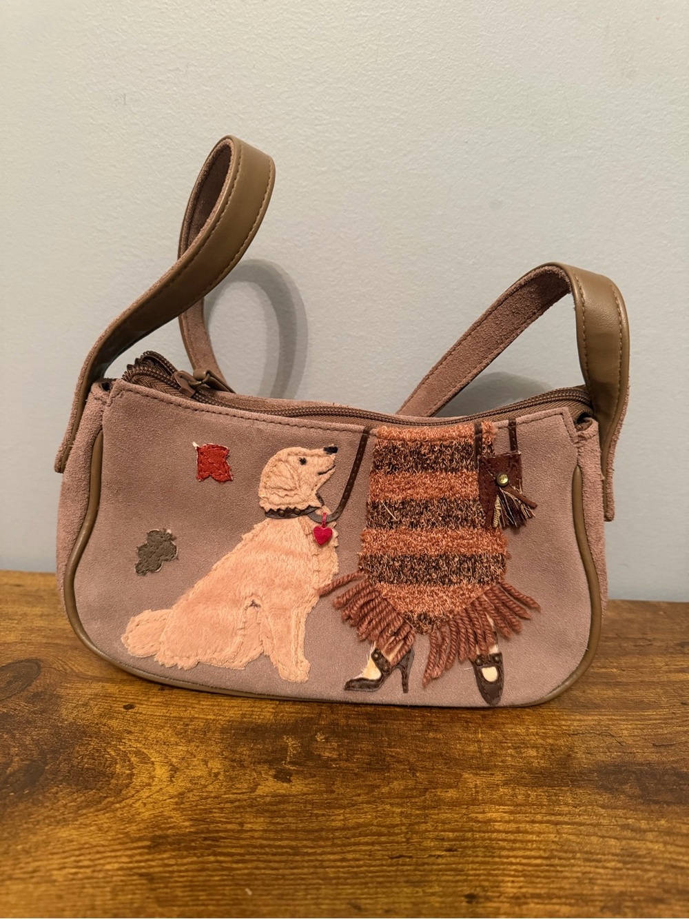 Y2K Dog Purse Suede Applique Shoulder Bag St Johns Bay Woman Baguette Brown